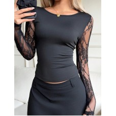 Lace patchwork round neck top for women