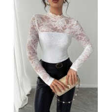 Lace patchwork back zipper long sleeved slim fit top for women