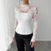 Lace patchwork back zipper long sleeved slim fit top for women