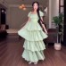 Mesh waist cinching fluffy dress cake dress