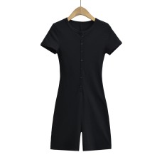 Threaded slim fit round neck short sleeved single row button jumpsuit shorts
