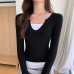 Splicing and contrasting fake two-piece long sleeved top for women