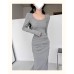 Sensual Low-Cut Ruffle Back-Slit Dress for Women,Bodycon Slim Fit Long Dress