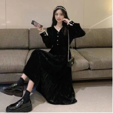Vintage Black Dress V-Neck Velvet Retro Elegant Slim Fit Long Dress