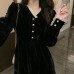 Vintage Black Dress V-Neck Velvet Retro Elegant Slim Fit Long Dress