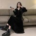 Vintage Black Dress V-Neck Velvet Retro Elegant Slim Fit Long Dress