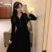 Vintage Black Dress V-Neck Velvet Retro Elegant Slim Fit Long Dress