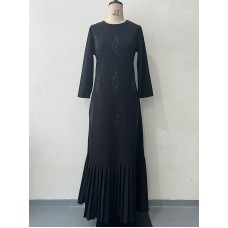 Round neck solid color long sleeved slim retro dress