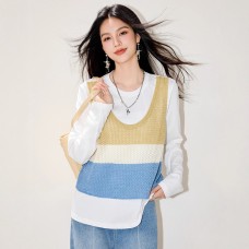 Fashion Color-blocked Knit Spliced Mock Two-Piece Round Neck Women's Top Fashion Color-blocked Knit Spliced Mock Two-Piece Round Neck Women's Top