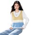 Fashion Color-blocked Knit Spliced Mock Two-Piece Round Neck  Women's Top