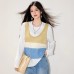 Fashion Color-blocked Knit Spliced Mock Two-Piece Round Neck  Women's Top