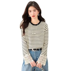 Striped Long Sleeve Crewneck T-Shirt for Women with Flared Sleeves and Lace Trim Detail