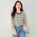 Striped Long Sleeve Crewneck T-Shirt for Women with Flared Sleeves and Lace Trim Detail
