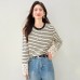 Striped Long Sleeve Crewneck T-Shirt for Women with Flared Sleeves and Lace Trim Detail