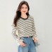 Striped Long Sleeve Crewneck T-Shirt for Women with Flared Sleeves and Lace Trim Detail