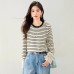 Striped Long Sleeve Crewneck T-Shirt for Women with Flared Sleeves and Lace Trim Detail