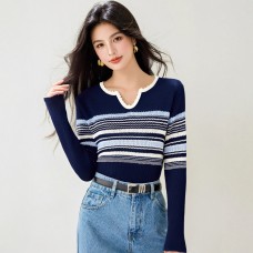 Chic Knit Top for Women with Scissor Lace Collar, Color-block Stripe Design, Loose Fit, Slimming, Casual Layering Top