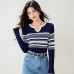 Chic Knit Top for Women with Scissor Lace Collar, Color-block Stripe Design, Loose Fit, Slimming, Casual Layering Top