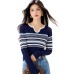 Chic Knit Top for Women with Scissor Lace Collar, Color-block Stripe Design, Loose Fit, Slimming, Casual Layering Top