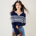 Chic Knit Top for Women with Scissor Lace Collar, Color-block Stripe Design, Loose Fit, Slimming, Casual Layering Top