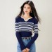 Chic Knit Top for Women with Scissor Lace Collar, Color-block Stripe Design, Loose Fit, Slimming, Casual Layering Top