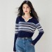 Chic Knit Top for Women with Scissor Lace Collar, Color-block Stripe Design, Loose Fit, Slimming, Casual Layering Top
