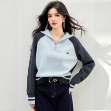 Style Color Block Long Sleeve Half Zipper Crew Neck Knit Top
