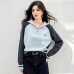 Style Color Block Long Sleeve Half Zipper Crew Neck Knit Top