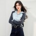 Style Color Block Long Sleeve Half Zipper Crew Neck Knit Top