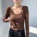 U-neck long sleeved waist cinching slim fit top