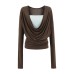 Swing collar contrasting fake two piece long sleeved top