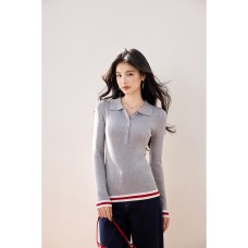 style blocked Patchwork Polo Neck Long Sleeve Knitwear