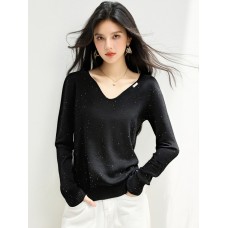 Fashionable style V-neck long sleeve knit top with glitter design