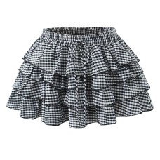 Plaid elastic high waisted cake skirt and fluffy skirt