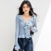 Blue V-Neck Knit Long Sleeve Top for Women, Autumn Style with Flared Sleeves and Elegant Look