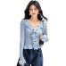 Blue V-Neck Knit Long Sleeve Top for Women, Autumn Style with Flared Sleeves and Elegant Look
