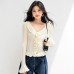 Blue V-Neck Knit Long Sleeve Top for Women, Autumn Style with Flared Sleeves and Elegant Look