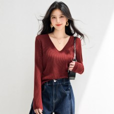Chic V-Neck Knit Long Sleeve Women's Soft Shiny Thread Slim Fit Red Basic Top