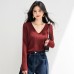 Chic V-Neck Knit Long Sleeve Women's Soft Shiny Thread Slim Fit Red Basic Top