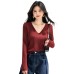 Chic V-Neck Knit Long Sleeve Women's Soft Shiny Thread Slim Fit Red Basic Top