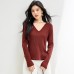 Chic V-Neck Knit Long Sleeve Women's Soft Shiny Thread Slim Fit Red Basic Top