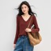 Chic V-Neck Knit Long Sleeve Women's Soft Shiny Thread Slim Fit Red Basic Top