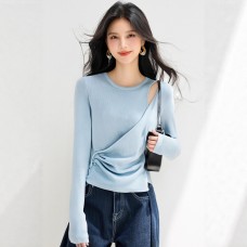 Sensual Style Solid Color Long Sleeve Knit Top for Women Hollow Shoulder DesignUnique and Elegant Top