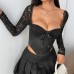 Splicing satin body with bow tie and long sleeved lace top