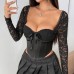 Splicing satin body with bow tie and long sleeved lace top