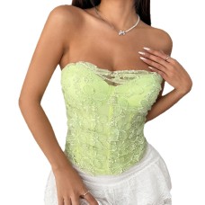 Avocado colored embroidery embellished slim fit chest cotton rubber bone strapless top