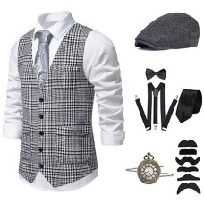 Men's Black and White Checkered Single-Breasted Vest Suit Set Business Casual Suit Stage Performance Clothing