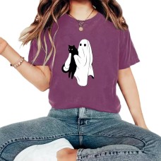 Ghost and Cat Pattern Round Neck Short Sleeve