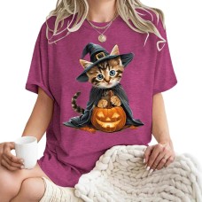 Witch Cat and Pumpkin Pattern Round Neck Short Sleeve Witch Cat and Pumpkin Pattern Round Neck Short Sleeve