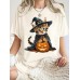 Witch Cat and Pumpkin Pattern Round Neck Short Sleeve